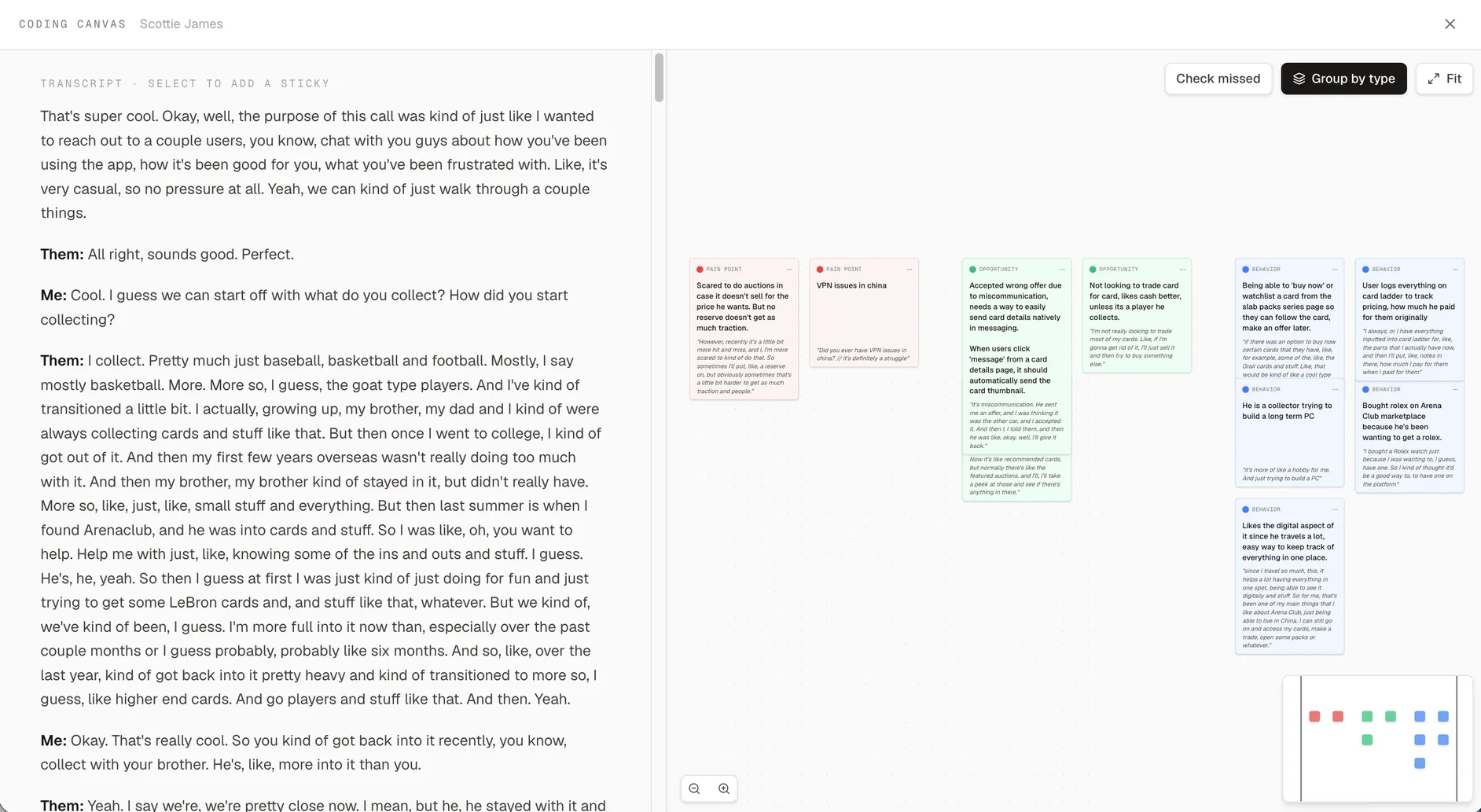 Interview transcripts and affinity mapping